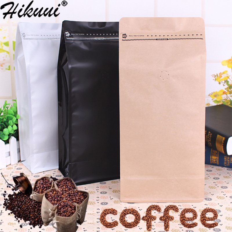 Sacchetti di caffè con valvola (50 pezzi, 453,6 g/0,5 kg) in carta kraft ad alta barriera in foglio di alluminio, fondo piatto, sacchetti riutilizzabili con chiusura a caldo con cerniera laterale per