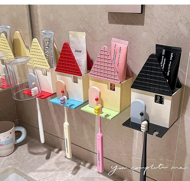 Cute Little House, Tooth Cup Storage Rack, Dormitory, Household Bathroom, Wall Mounted, No Drilling Toothbrush Storage Rack_voghion.com