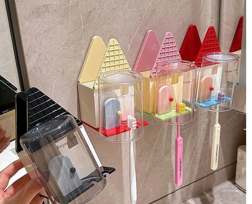 Graziosa casetta, portaoggetti per bicchieri da denti, dormitorio, bagno di casa, montaggio a parete, portaoggetti per spazzolini da denti senza forare_voghion.com