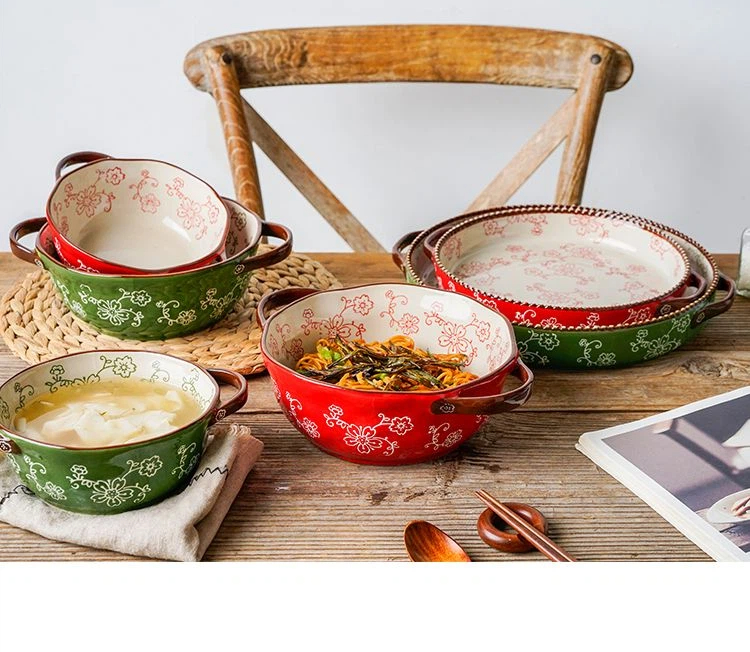 Hand Painted Double Ear Soup Bowl Noodles In Soup Bowl Ceramic Bowl Household Instant Noodle Bowl Salad Bowl High Color Anti Scalding Double Ear Bowl_voghion.com