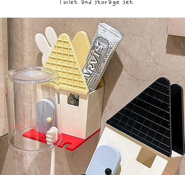 Cute Little House, Tooth Cup Storage Rack, Dormitory, Household Bathroom, Wall Mounted, No Drilling Toothbrush Storage Rack_voghion.com