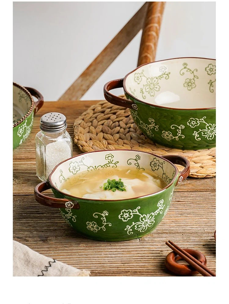 Hand Painted Double Ear Soup Bowl Noodles In Soup Bowl Ceramic Bowl Household Instant Noodle Bowl Salad Bowl High Color Anti Scalding Double Ear Bowl_voghion.com