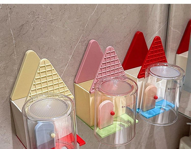 Cute Little House, Tooth Cup Storage Rack, Dormitory, Household Bathroom, Wall Mounted, No Drilling Toothbrush Storage Rack_voghion.com