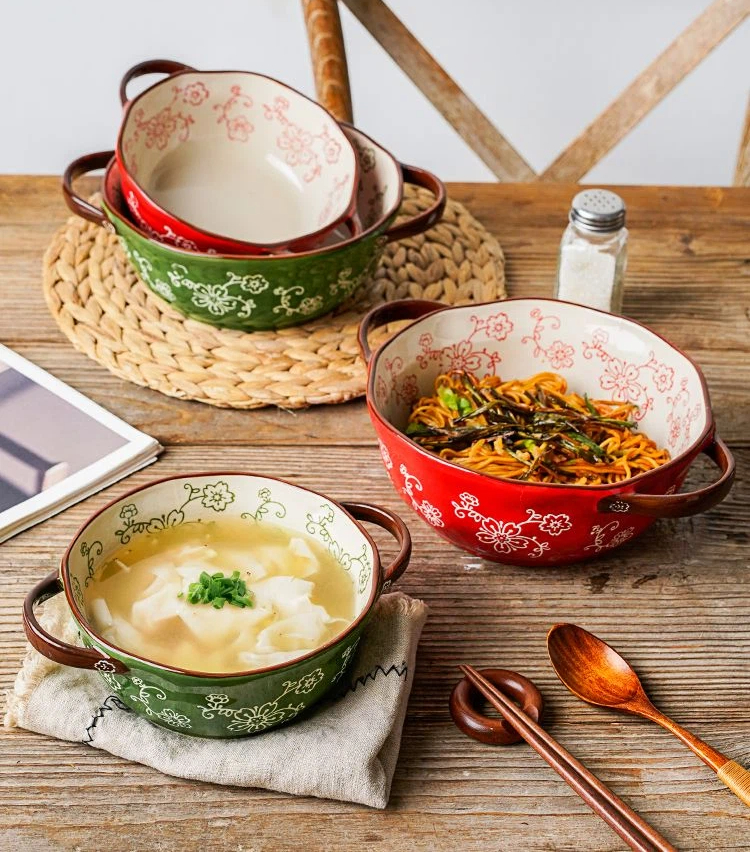 Hand Painted Double Ear Soup Bowl Noodles In Soup Bowl Ceramic Bowl Household Instant Noodle Bowl Salad Bowl High Color Anti Scalding Double Ear Bowl_voghion.com
