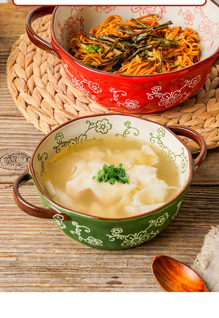 Hand Painted Double Ear Soup Bowl Noodles In Soup Bowl Ceramic Bowl Household Instant Noodle Bowl Salad Bowl High Color Anti Scalding Double Ear Bowl_voghion.com