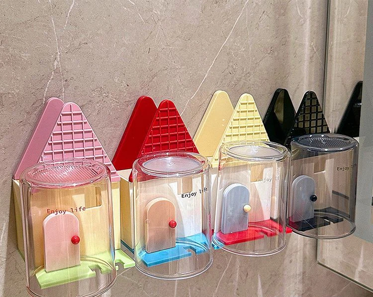 Cute Little House, Tooth Cup Storage Rack, Dormitory, Household Bathroom, Wall Mounted, No Drilling Toothbrush Storage Rack_voghion.com