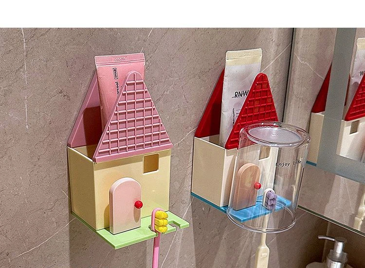 Cute Little House, Tooth Cup Storage Rack, Dormitory, Household Bathroom, Wall Mounted, No Drilling Toothbrush Storage Rack_voghion.com